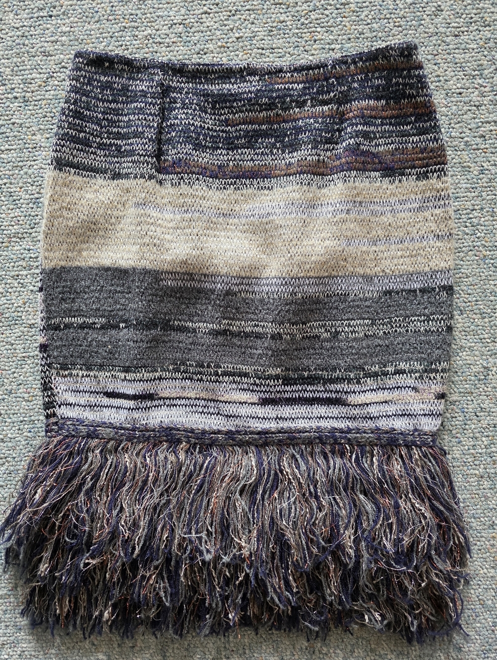 Anthropologie Textured Knit Fringe Hem Skirt in Neutral Stripes